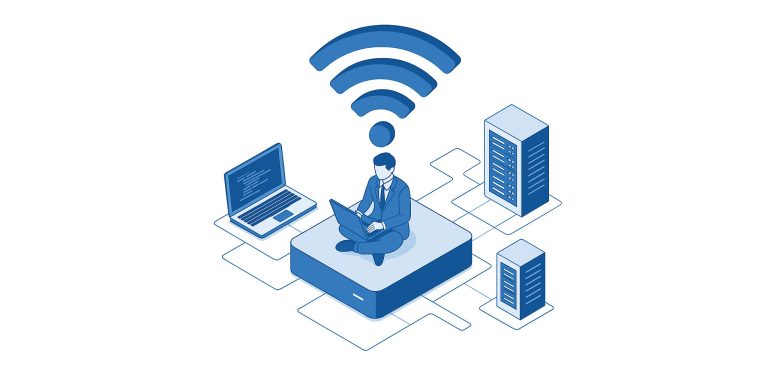 Ilustração de executivo sentado em cima de um dispositivo conectado à rede.