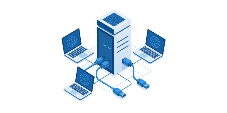 Ilustração de computadores conectados à rede.